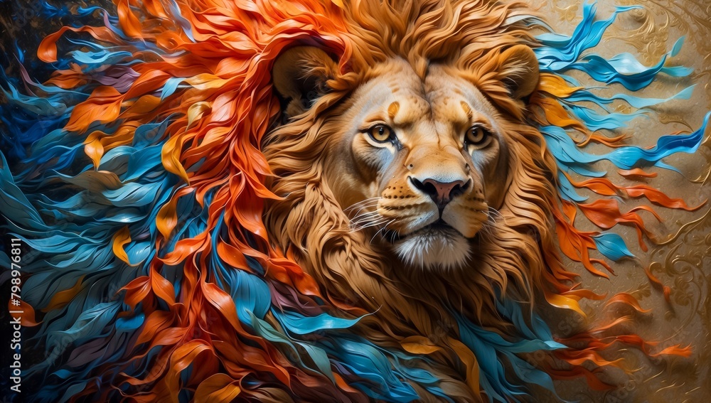Painting of a Lion Proudly Displaying its Iridescent Fur, Standing Amid the Splash Color Dynamic Background. King of the Jungle. Colorful Lion.