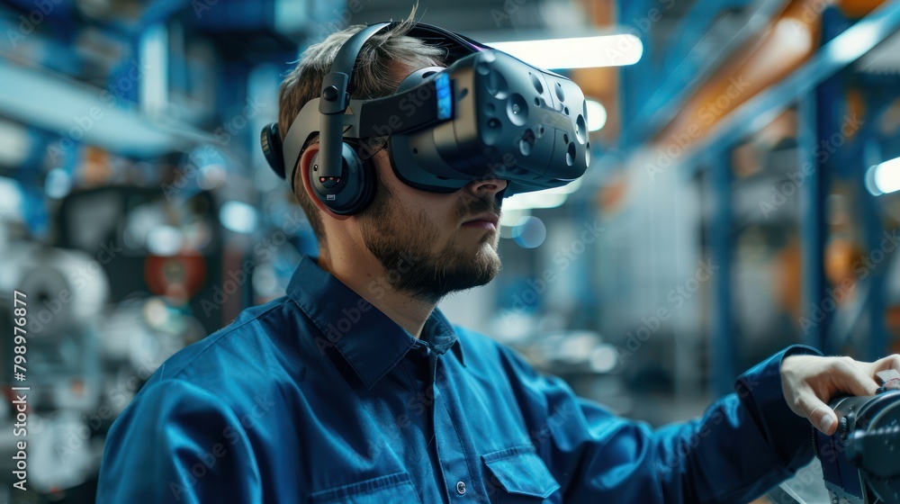 Engineer using VR for machinery repair training, focused on equipment, close-up, digital photography, industrial background Engineer using VR for machinery repair training, focused on equipment, close-up, digital photography, industrial background