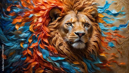 Painting of a Lion Proudly Displaying its Iridescent Fur  Standing Amid the Splash Color Dynamic Background. King of the Jungle. Colorful Lion.