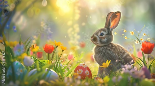 Bunny and Easter eggs, playful scene, garden flowers, soft morning light, side view