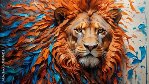 Painting of a Lion Proudly Displaying its Iridescent Fur, Standing Amid the Splash Color Dynamic Background. King of the Jungle. Colorful Lion.