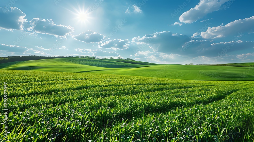 Green rolling hills under a blue sky with white clouds Green rolling hills under a blue sky with white clouds