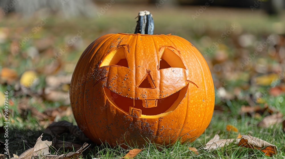 A carved pumpkin is sitting on the grass and leaves A carved pumpkin is sitting on the grass and leaves