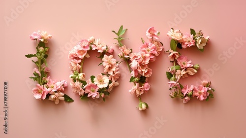 Creative layout with spring flowers and leaves arranged in Word LOVE. Love concept.Flat lay.