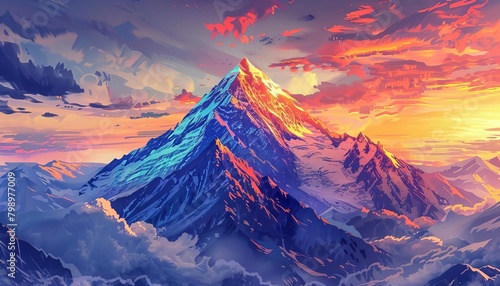 Capture an epic mountain peak in vivid surrealism, blending dreamy hues with intricate details, as if painted with digital mastery Convey the thrill of travel adventures with unexpected camera angles, photo