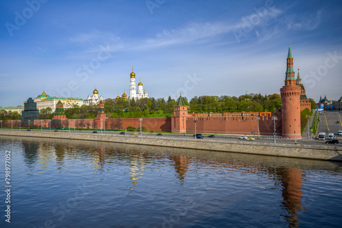 Moscow. VIEW FROM THE BOLSHOY MOSKVORETSKY BRIDGE TO THE MOSCOW RIVER, THE KREMLIN, THE BELL TOWER OF IVAN THE GREAT. ON A SUNNY SPRING MORNING
