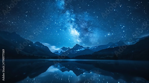 The milky way over mountains and a lake.