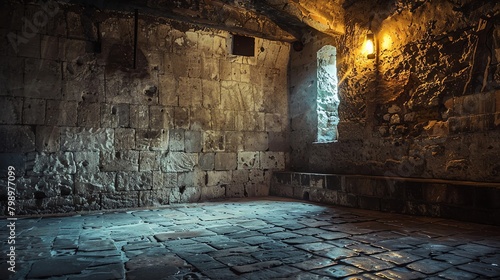 A dark and damp medieval dungeon cell with a single barred window photo