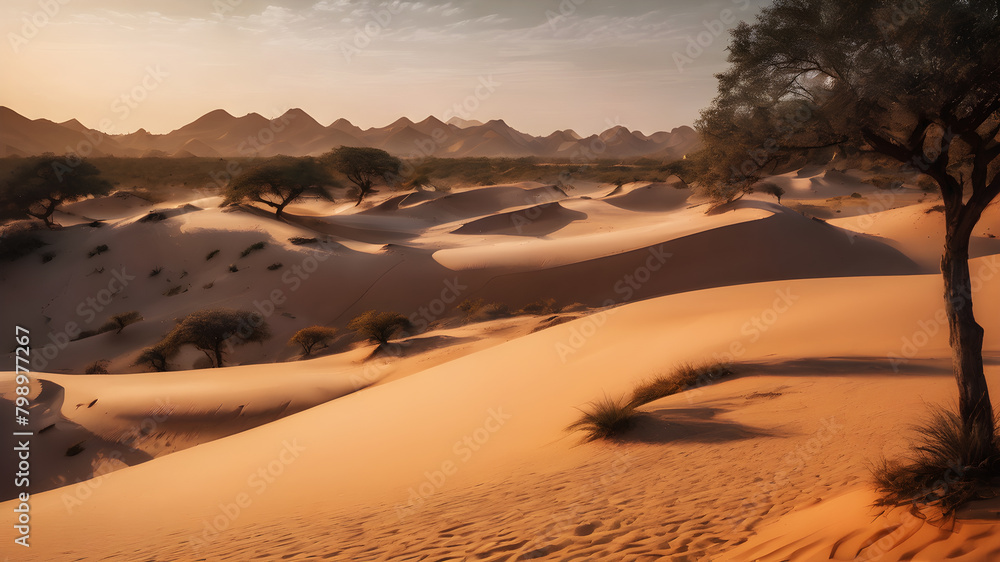 A surreal desert landscape, with towering sand dunes glowing orange in the light of the setting sun