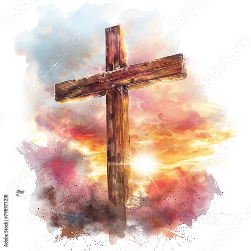 Clipart of a rugged wooden cross at sunrise watercolor