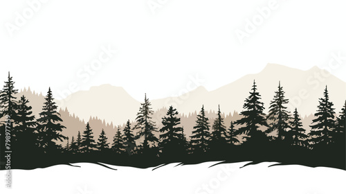 Horizon line with hand drawn silhouettes of conifer photo