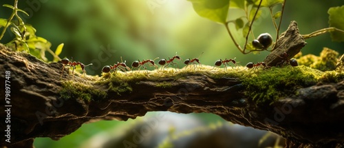 Ants crossing a small twig bridge, demonstrating problemsolving and persistence, natural outdoor setting, soft focus on background photo