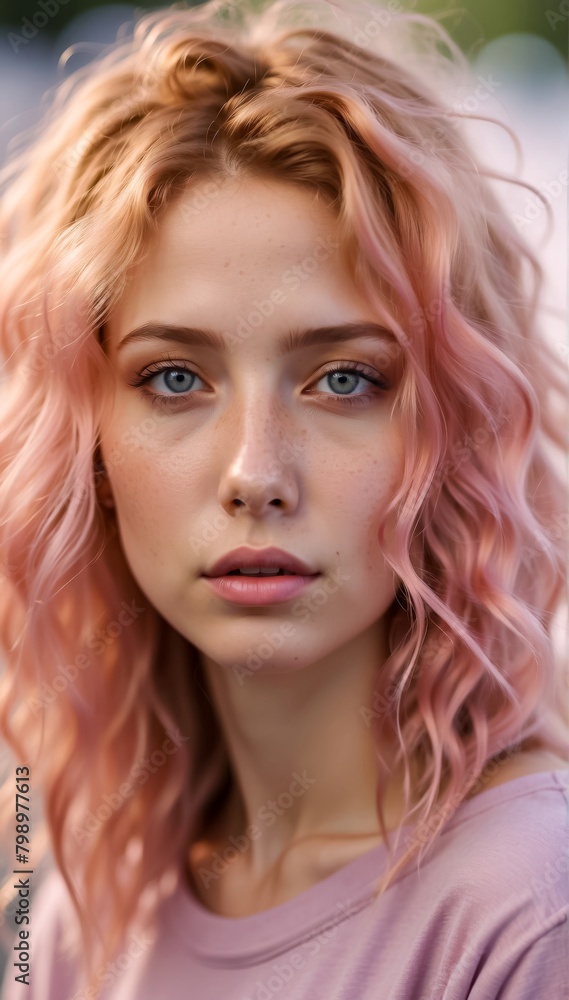 Photo of a Beautiful Girl with Pink Hair and Freckles. A Girl with Big Blue Eyes. Pretty Young Girl.