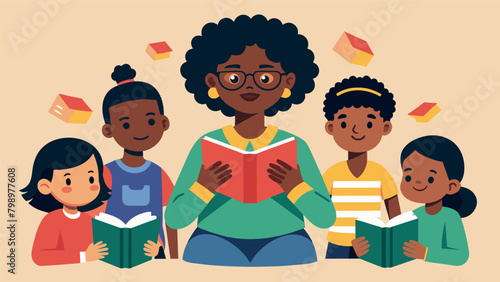 As the librarian reads about the significance of Juneteenth a group of children eagerly flip through a stack of books featuring influential African. Vector illustration
