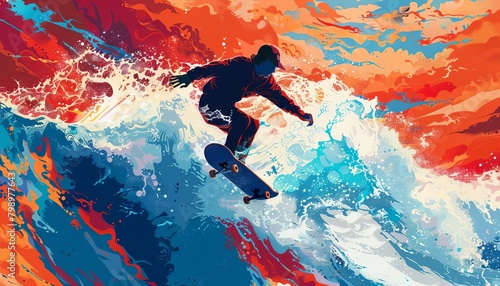 Capture the high-octane essence of Moby Dick through extreme skateboarding stunts intertwined with surreal waves, all in a vibrant oil painting style Show the collision of two worlds - literature and photo