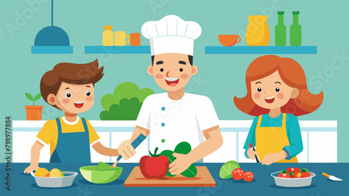 In a brightlylit kitchen a young chef concentrates on ting vegetables for a colorful and healthy stirfry. Their parents watch with amazement as