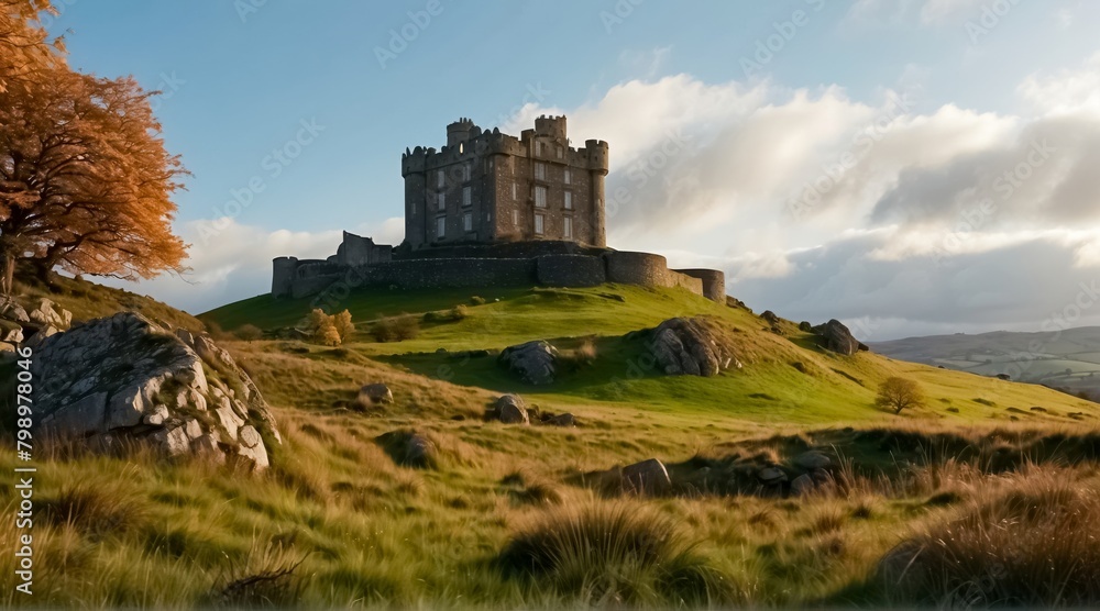 Scotland's Iconic Fortress Landmark, From its Majestic Grass-Capped Peak to the Surrounding Fields of Meadows and Old Castles. Scottish Countryside and Highlands.