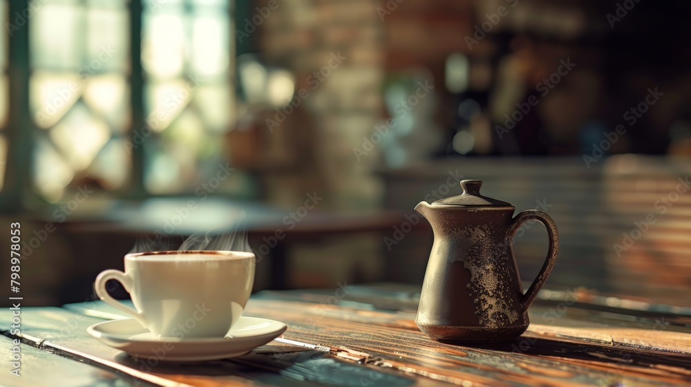 Coffee cup and teapot on table Coffee cup and teapot on table