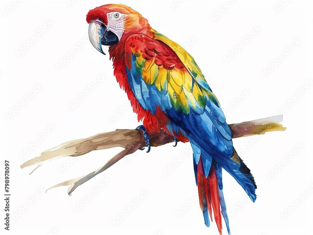 Watercolor illustration of a colorful macaw clipart