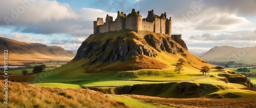 Scotland's Iconic Fortress Landmark, From its Majestic Grass-Capped Peak to the Surrounding Fields of Meadows and Old Castles. Scottish Countryside and Highlands.