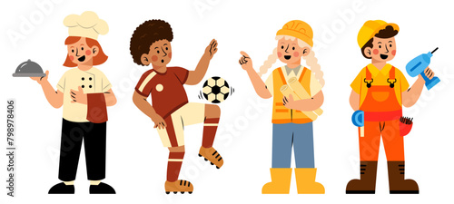 Children Dream Job Illustration.  Chef, football player, architect, engineer children dream job illustration