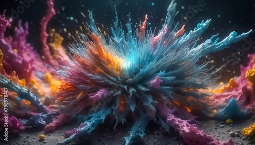 The Quantum World of Subatomic Debris  with a Splash of Coloration and Complex Patterns. Turbulent Waves of Particles. Explosive Surreal Colors Background.