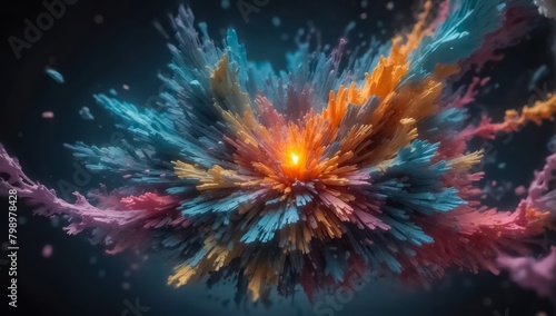 The Quantum World of Subatomic Debris  with a Splash of Coloration and Complex Patterns. Turbulent Waves of Particles. Explosive Surreal Colors Background.