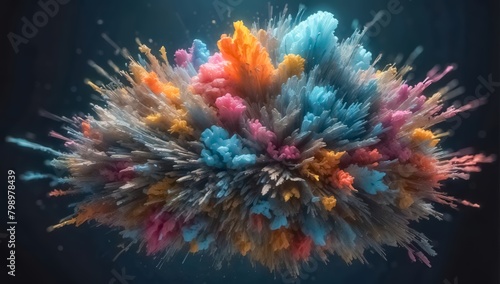 The Quantum World of Subatomic Debris  with a Splash of Coloration and Complex Patterns. Turbulent Waves of Particles. Explosive Surreal Colors Background.