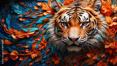 A Painting of a Tiger Proudly Displaying Iridescent Color Fur  Standing Amid the Splash Color Dynamic Background. Siberian Tiger. 
