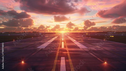 airport runway in the evening sunset light, ready for airplane landing or taking off