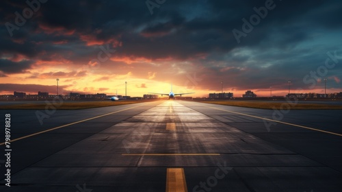 airport runway in the evening sunset light, ready for airplane landing or taking off