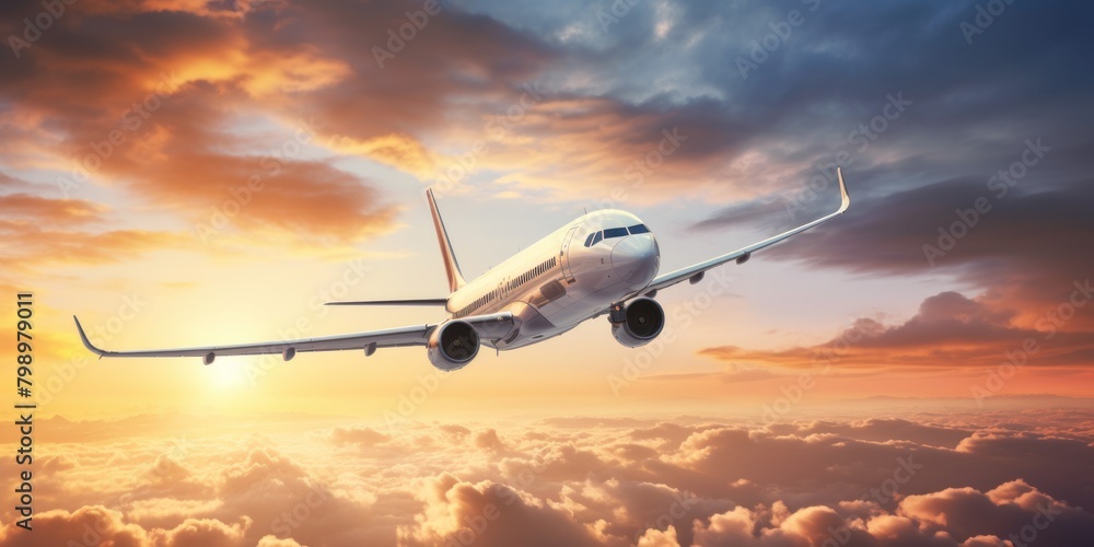 Commercial airplane flying above clouds in dramatic sunset light. High resolution of image. Fast Travel and transportation concept.