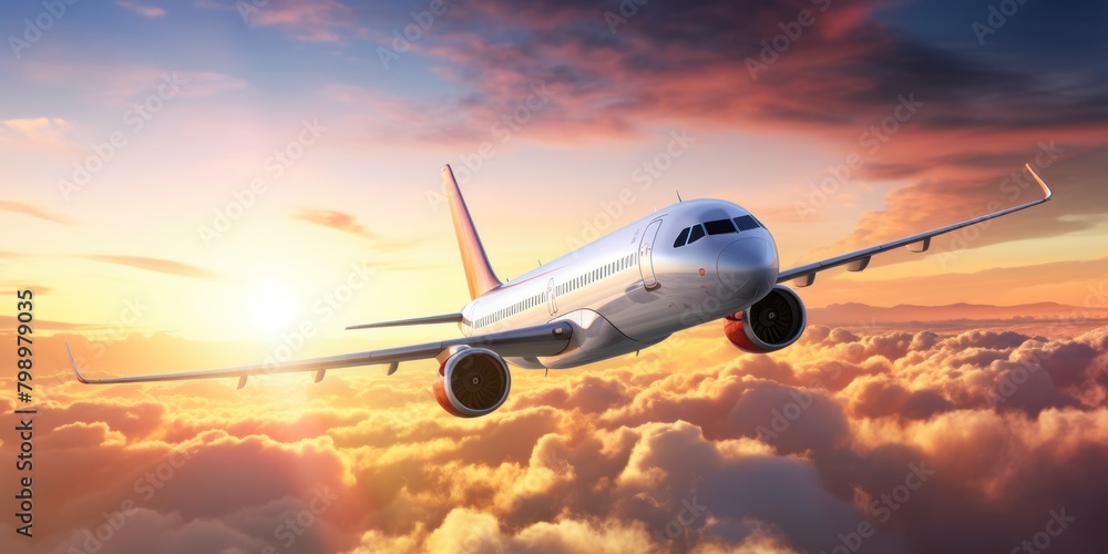 Commercial airplane flying above clouds in dramatic sunset light. High resolution of image. Fast Travel and transportation concept.