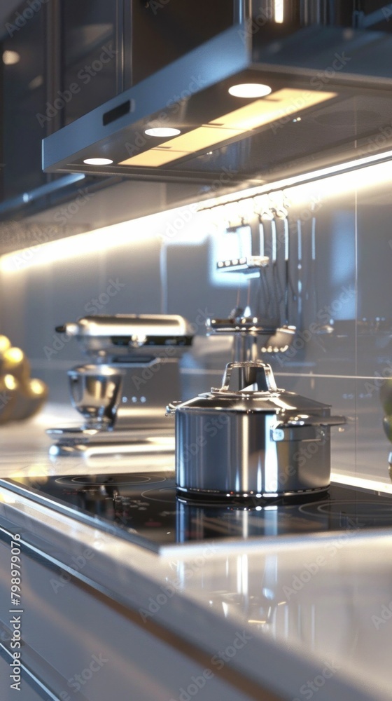 A contemporary kitchen with sleek stainless steel countertops and a simmering pot on the stove in the center of the room