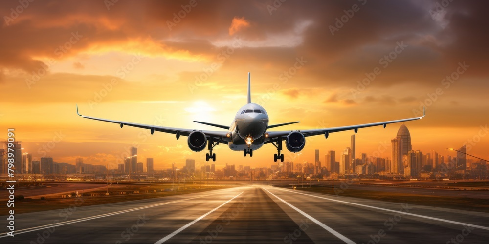 Passengers airplane landing to airport runway in beautiful sunset light, silhouette of modern city on background, panoramic banner background. Passengers airplane landing to airport runway in beautiful sunset light, silhouette of modern city on background, panoramic banner background.