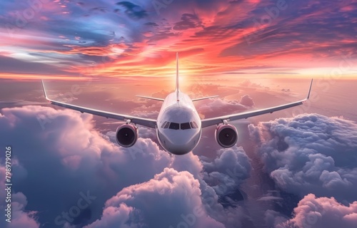 Commercial airplane flying above clouds in dramatic sunset light. High resolution of image. Fast Travel and transportation concept.