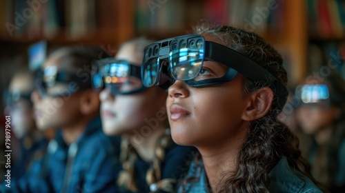 Mixed reality in classroom, students interacting with virtual historical events, close-up, digital photography, educational innovation