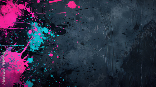 Urban Art Splatter, Hot Pink and Turquoise, Grunge Texture Background with Copy Space