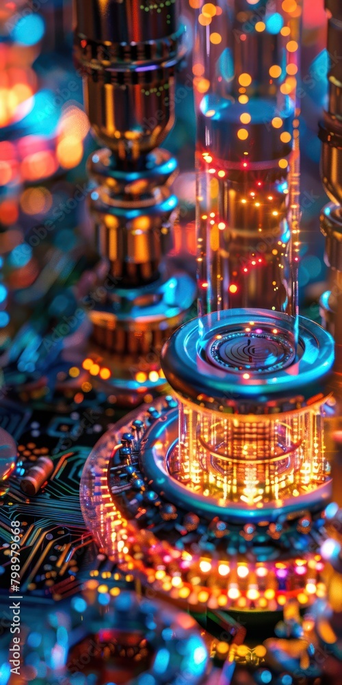 Quantum computer core, glowing qubits, complex problem-solving technology, close-up, digital photography