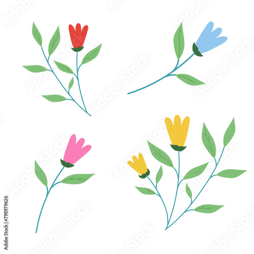 Set of beautidul blue, yellow, red and pink flowers isolated on white background for icons, apps, webs, posters, patternts, stickers photo