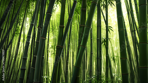 A tranquil bamboo forest  with tall stalks swaying gently in the breeze and shafts of sunlight illuminating the lush green foliage