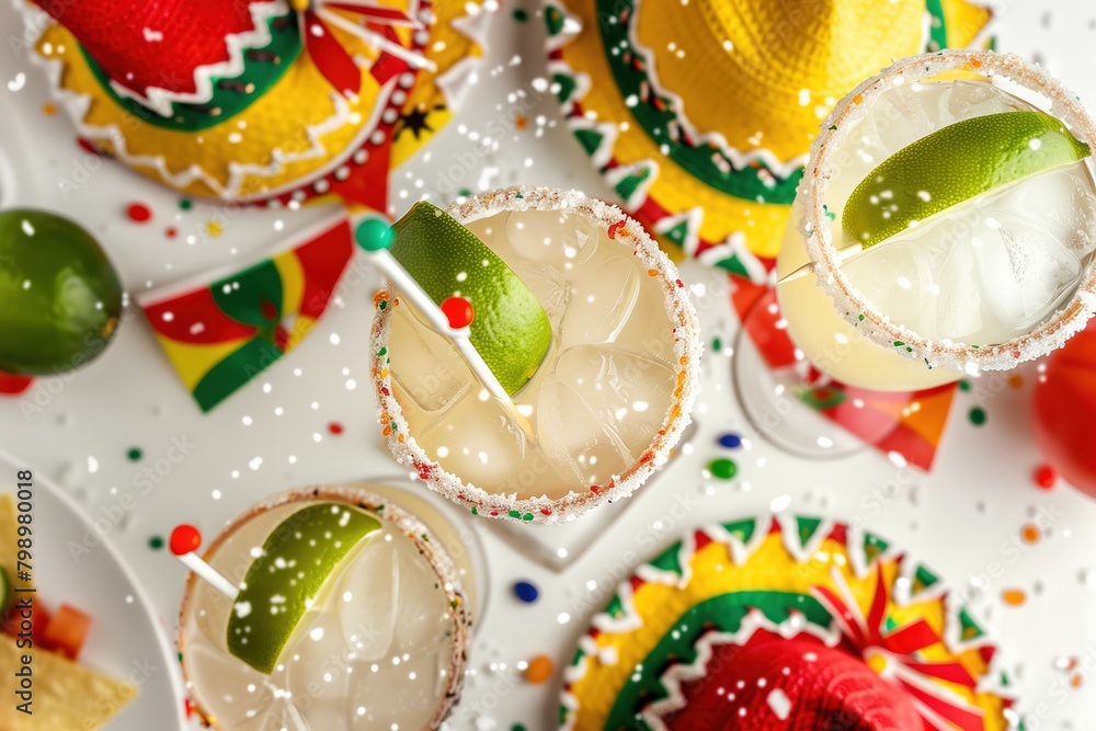 three margaritas with salted rim, lime and sombrero on white background surrounded by Mexican food and decoration like fiesta flags