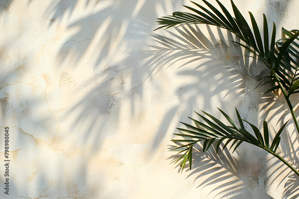 Shadow of palm leaves on a white concrete light beige wall, creating a tropical and serene atmosphere. Shadow of palm leaves on a white concrete light beige wall, creating a tropical and serene atmosphere.