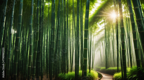 A tranquil bamboo forest  with tall stalks swaying gently in the breeze and shafts of sunlight illuminating the lush green foliage