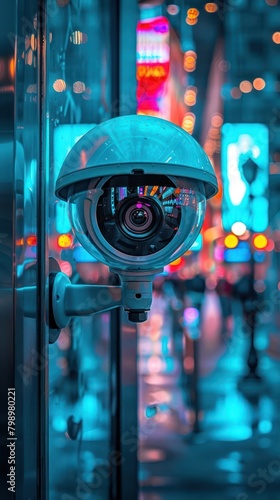 Security camera at building entrance, facial recognition interface, close-up, digital photography, urban surveillance photo
