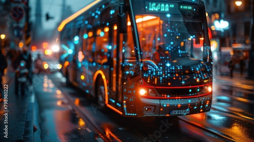 Self-driving bus in urban environment, close-up of navigation hardware, digital photography, public transport evolution