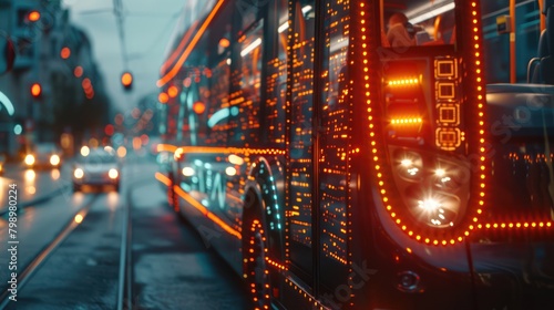 Self-driving bus in urban environment, close-up of navigation hardware, digital photography, public transport evolution