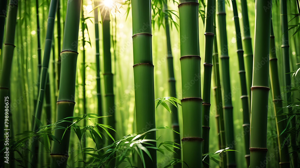 A tranquil bamboo forest, with tall stalks swaying gently in the breeze and shafts of sunlight illuminating the lush green foliage A tranquil bamboo forest, with tall stalks swaying gently in the breeze and shafts of sunlight illuminating the lush green foliage
