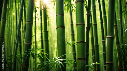 A tranquil bamboo forest, with tall stalks swaying gently in the breeze and shafts of sunlight illuminating the lush green foliage