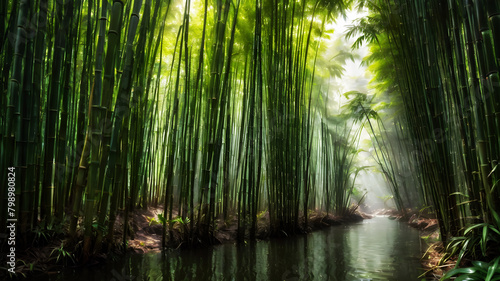 A tranquil bamboo forest  with tall stalks swaying gently in the breeze and shafts of sunlight illuminating the lush green foliage